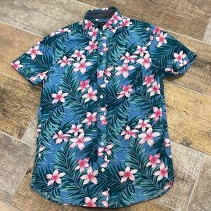 J. Crew Blue & Pink Tropical Leaf Floral Button Front Short Sleeve Shirt S